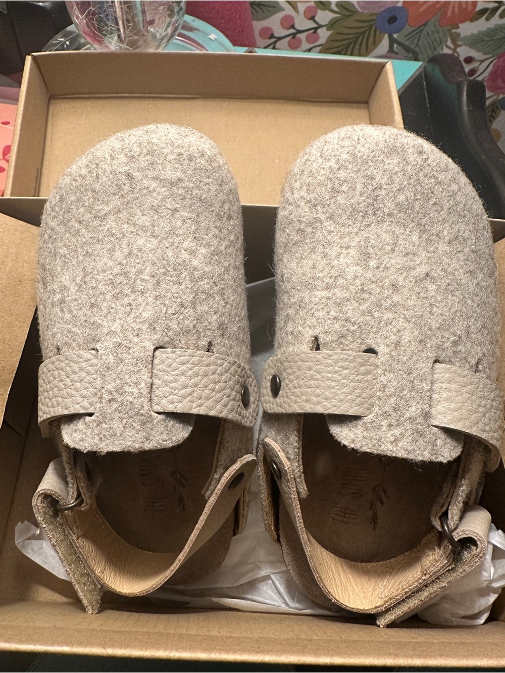 Kids Soft Taupe Felt Slip-On clogs Slippers with Adjustable Strap
